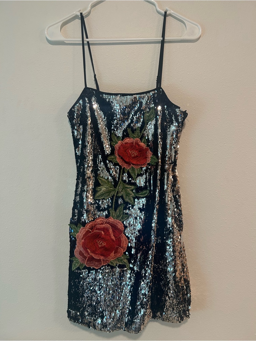 Forever 21 Black Sequin Dress with Red Floral Appliqué
